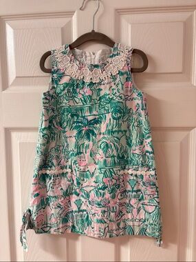 Lilly Pulitzer Pink & Teal Floral Lace-Trim Sleeveless Dress- little girls 4